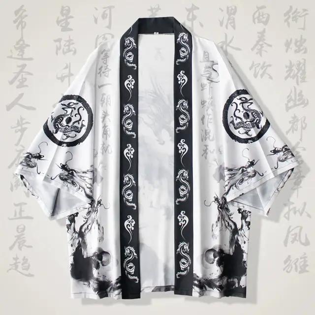 Vêtements traditionnels japonais, kimono japonais pour femmes, imprimé dragon à l'encre, cardigan d'