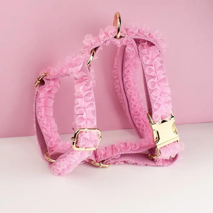 Collier pour chien en dentelle rose gravé sur mesure - Harnais personnalisé pour animaux de compagnie