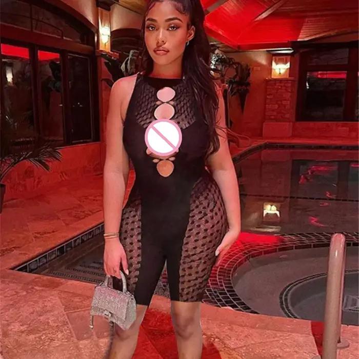 Barboteuse Sexy Ajourée à Bretelles Spaghetti pour Femme Combinaison de Streetwear Polyvalente Occasions Spéciales