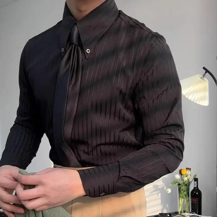 Nouveau Italie hommes d'affaires chemises léger luxe texturé pointe revers rayé à manches longues Cardigan loisirs haute qualité Blouse M-2XL