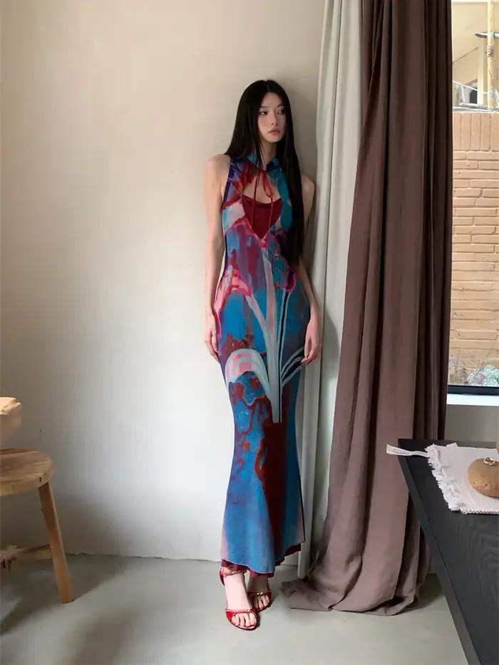 CHEERART Designer Floral longue robe d'été femme 2025 fête soirée moulante tuniques sans manches une ligne