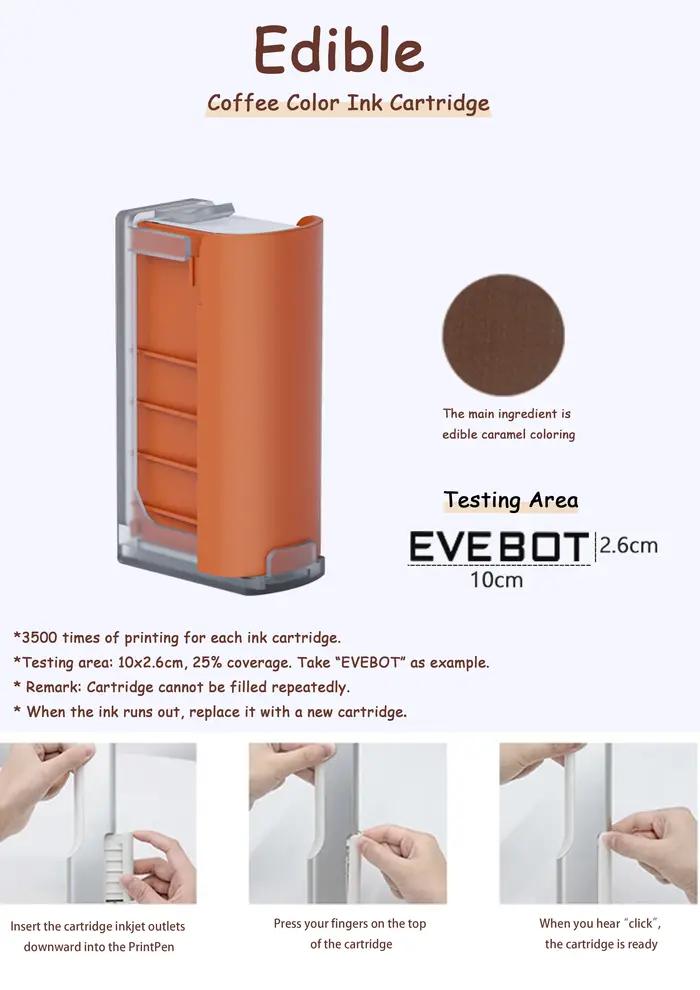 Cartouche d'encre EVEBOT pour imprimante alimentaire portable PrintPen, encre de remplacement, capacité de 18 ml, portable pour mini-art café latte