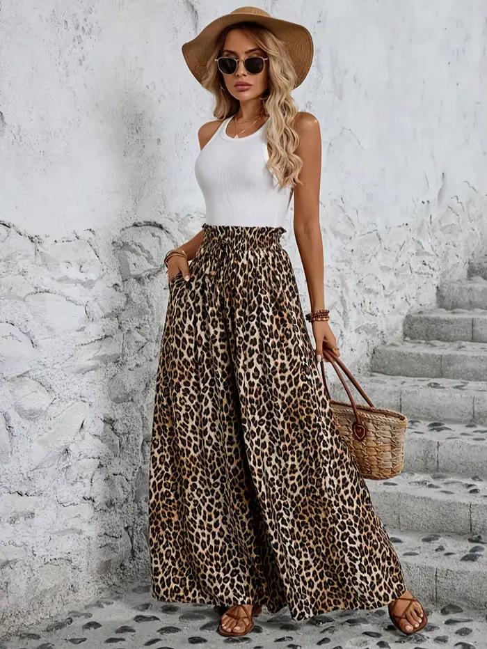 Pantalon à jambes larges imprimé léopard pour femmes taille haute confortable toutes saisons