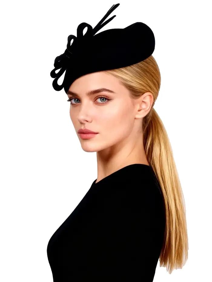 Chapeaux fascinateurs en feutre de laine noire FS élégants pour mariage, cérémonie, thé, cocktail, église avec nœud occasions spéciales femmes
