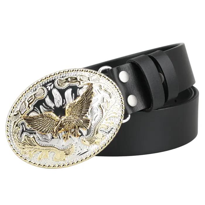 Ceinture en cuir véritable UFAY avec boucle d'aigle dorée pour homme et femme style cow-boy pantalon de loisirs装饰去掉最后的装饰性描述,保持简洁。