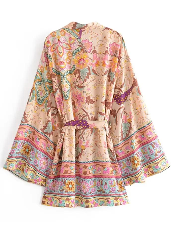 Kimono femme vintage imprimé paon floral manches chauve-souris couverture maillot boho plage