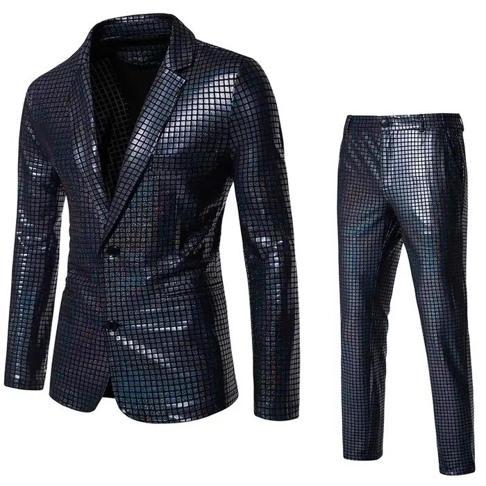 Costume de disco des années 70 pour homme, veste et pantalon à paillettes métalliques arc-en-ciel, c