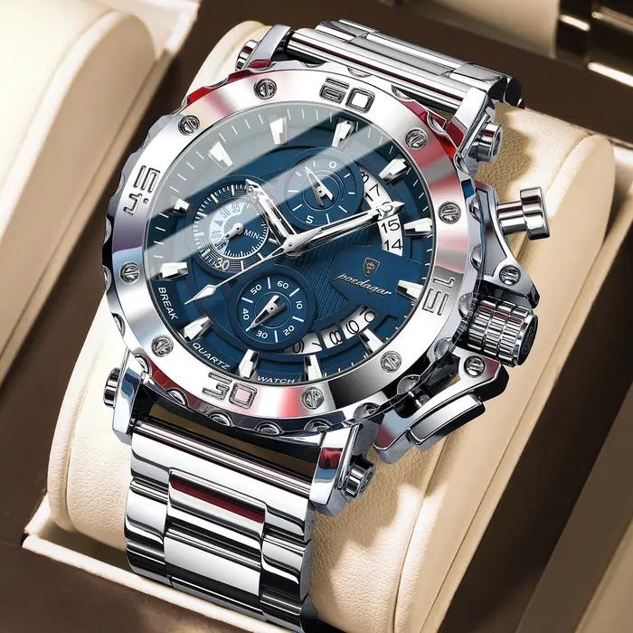 Montre POEDAGAR luxe pour homme - Chronographe étanche lumineux avec calendrier en acier inoxydable