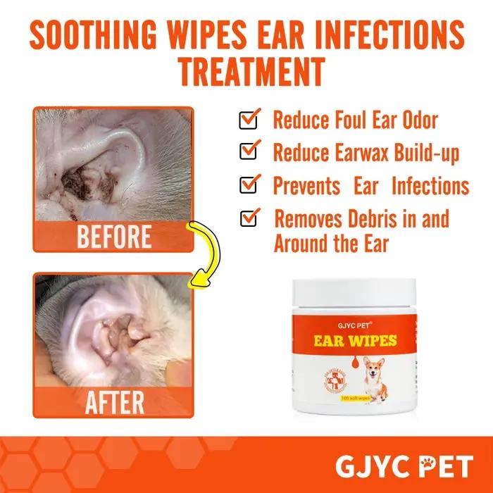 Lingettes humides pour oreilles d'animaux de compagnie non toxiques anti-acariens soulageant les démangeaisons pour chiens chats 100 pièces hygiène auditive durable