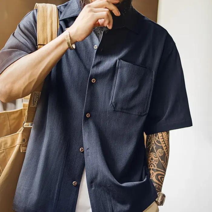 Chemise Maden Vintage col cubain homme chemise ample courte manche polyester élasthanne pour hommes décontractée occasionnels été