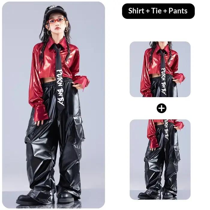 Ensemble de danse jazz fille haut court rouge pantalon en cuir tenue de scène hip-hop vêtements pour filles occasions spéciales