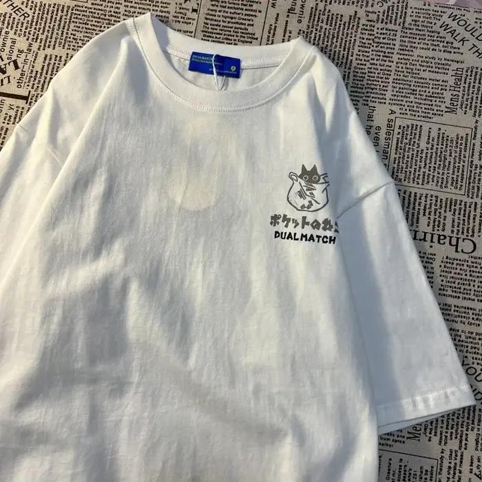 Été japonais rétro poche chat dessin animé imprimé à manches courtes T-shirt hommes femmes Couples u