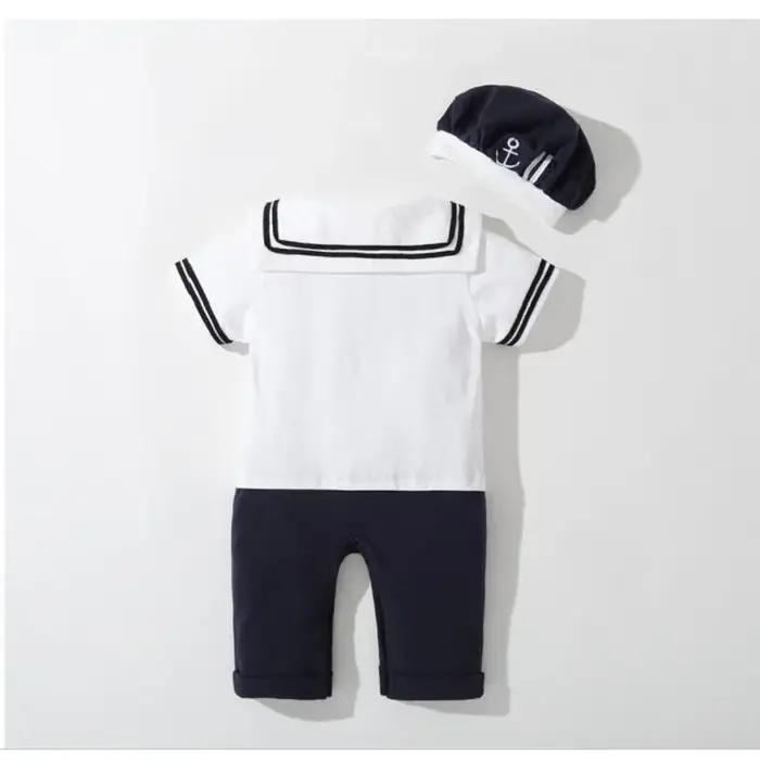 Barboteuse d'été pour bébés garçons et filles, combinaison de marin, chapeau, 2 pièces, Body manches