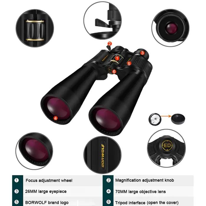 Jumelles BORWOLF 25-75x70 grand objectif FMC pour chasse et observation lunaire - Haute puissance optique