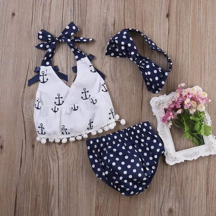 Ensemble de vêtements pour bébés filles, 3 pièces, ancres, chemise en Y, culotte à pois, bandeau