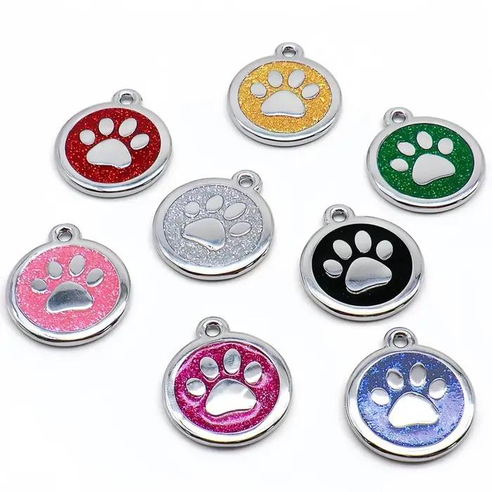 Alliage d'argent de qualité gravé au laser avec étiquette d'identification de chien ou de chat de patte colorée GLITTER