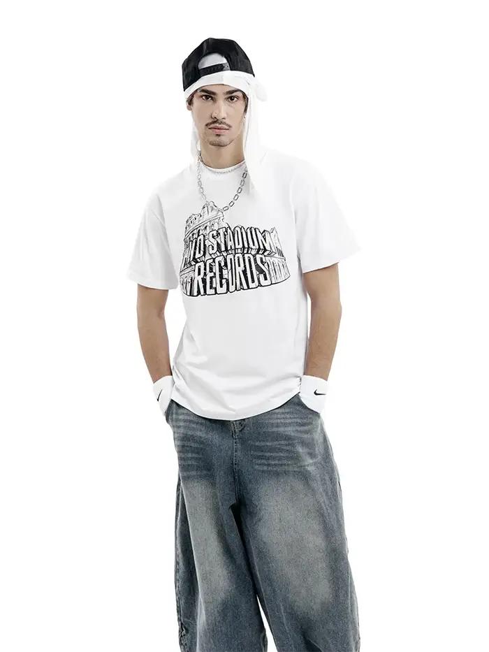 T-shirt pour homme NO STADIUM en coton, manches courtes, style oversize, imprimé vintage, streetwear Harajuku, mode coréenne