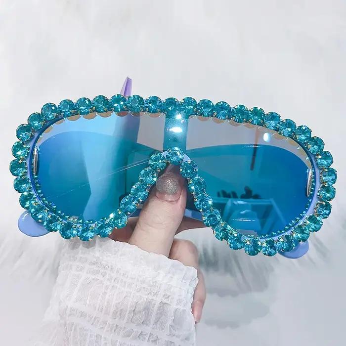 Diamants brillants Y2K lunettes de soleil femmes luxe surdimensionné une pièce