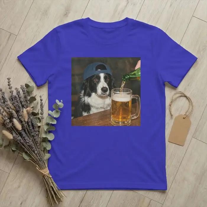 T-shirt homme motif Border Collie buvant de la bière design vintage humour coton drap fin manches courtes col rond impression numérique couleur multiple taille variée occasions quotidiennes