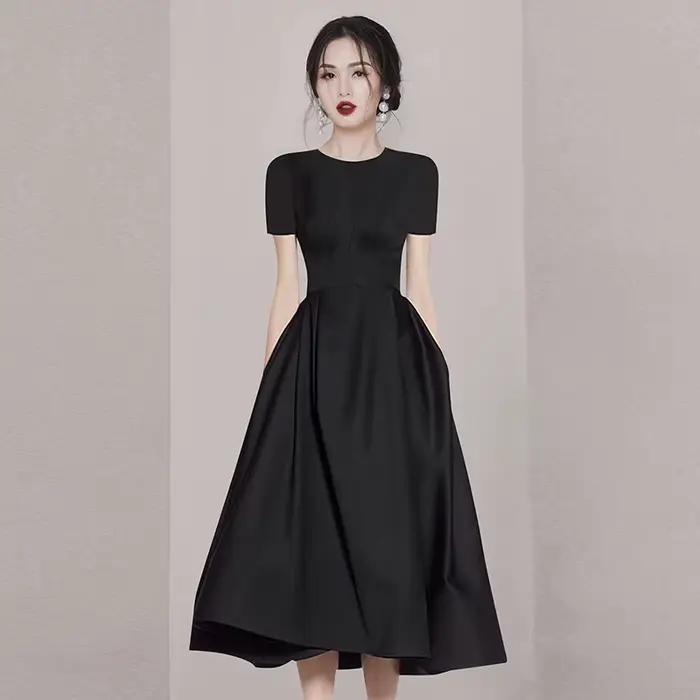 Robe de Rhnoire élégante pour femmes, col rond, manches courtes, taille fine, bureau pour dames, rob