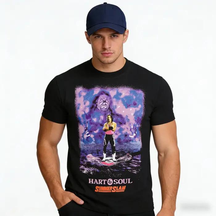 T-shirt graphique vintage noir Bret Hart Hart&Soul pour homme, coupe ample respirante, t-shirt de sport tendance mode classique, activité plein air, cadeau occasion spéciale