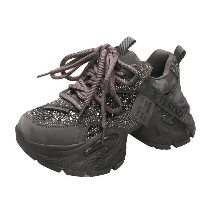 Chaussures décontractées pour femmes en cuir microfibre 6CM baskets épaisses à plateforme compensée style printemps automne avec strass ajustement parfait pointure femme occassions multiples