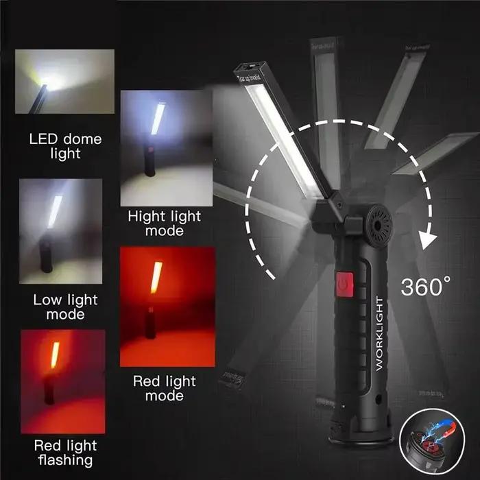 Lampe de travail LED COB à intensité variable, Rechargeable par USB, lampe d'inspection avec aimant