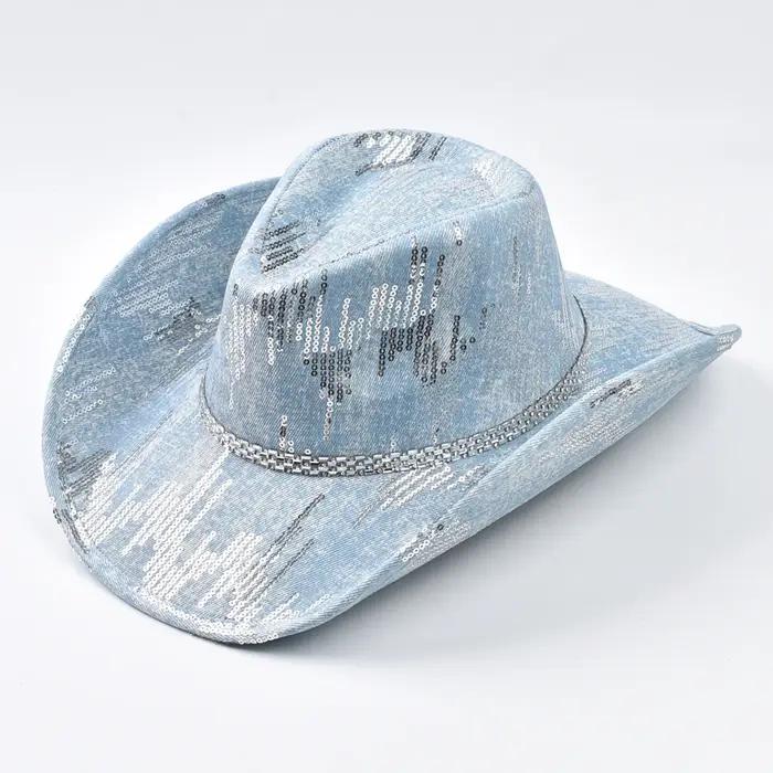 Chapeau de cowboy occidental en denim lavé unisexe pour hommes et femmes, style sport, polyester, ajustable, pour fête et usage quotidien