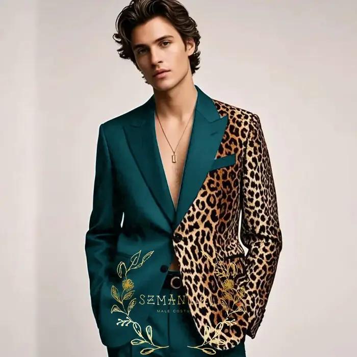 Costumes noirs formels homme imprimé léopard revers à pointe coupe cintrée veste 2 pièces pantalon mariage smoking vêtements masculins occasions spéciales