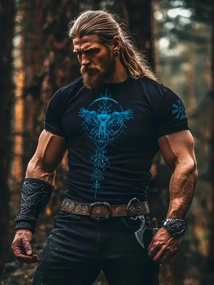 T-shirt homme viking raven mythologie nordique gothique vintage streetwear medieval pour hommes occassions spéciales voyages été