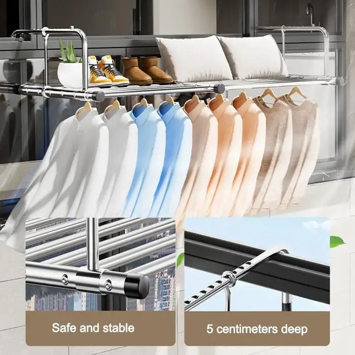 Étendoir à vêtements évolutif en acier inoxydable réglable pour balcon et terrasse, design moderne et durable pour rangement et organisation de vêtements