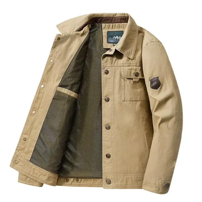 Veste de travail rétro pour homme, coupe décontractée, col chemise, multi-poches, vêtement d'extérieur polyvalent pour le printemps et l'automne, idéal pour les hommes d'âge mûr