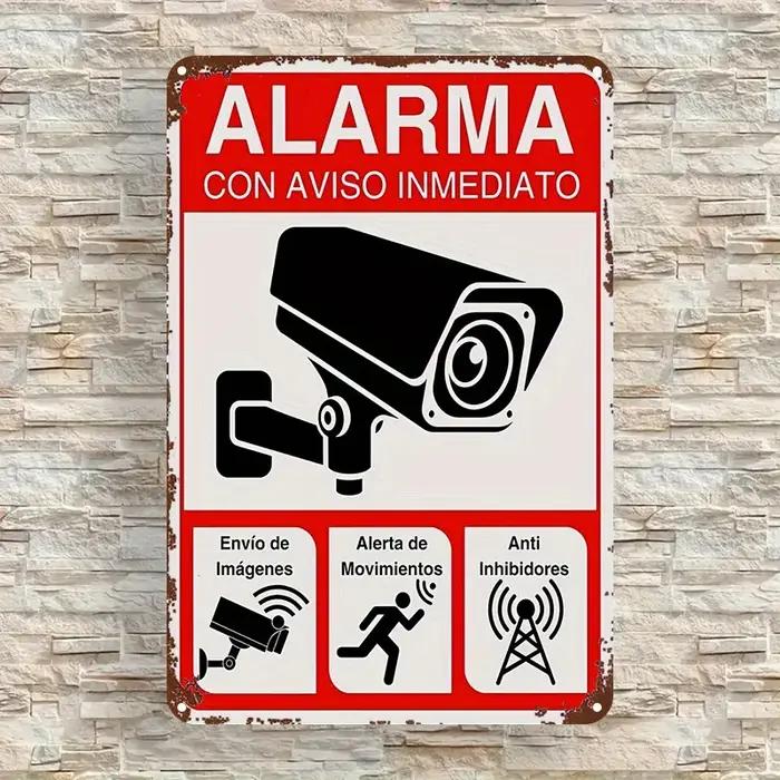 Panneau d'alarme pour caméra de sécurité - Plaque de surveillance avec texte en espagnol (ALARMA CON AVISO INmediato)
