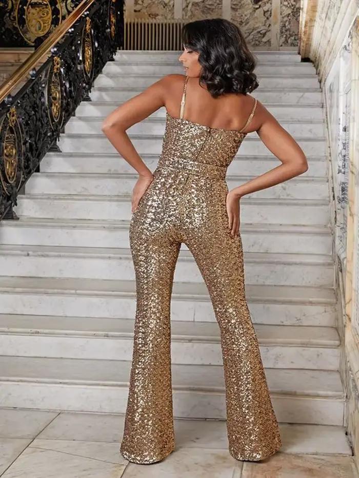 VC – combinaisons de luxe à paillettes dorées pour femmes, vêtements de club pour fête d'anniversair