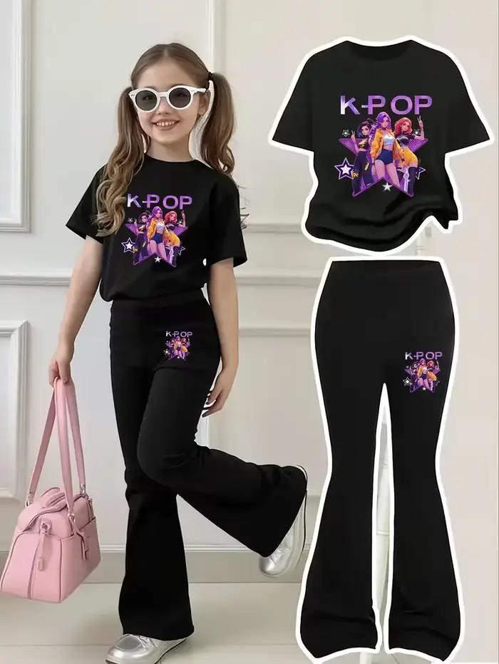 Tenue noire et violette tendance pour filles de 4 à 12 ans : T-shirt à manches courtes et pantalon évasé !