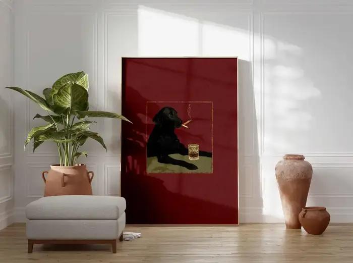 Affiche de chien fumant design rétro humour animal décoration intérieure original pour maison salon bar occasions spéciales