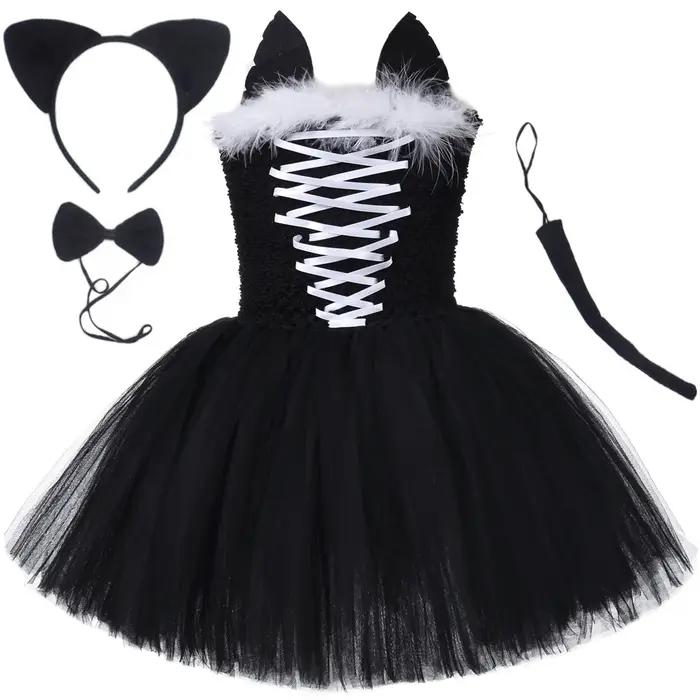 Robe tutu chat noir pour filles, costumes de carnaval et d'Halloween pour enfants, déguisement anima