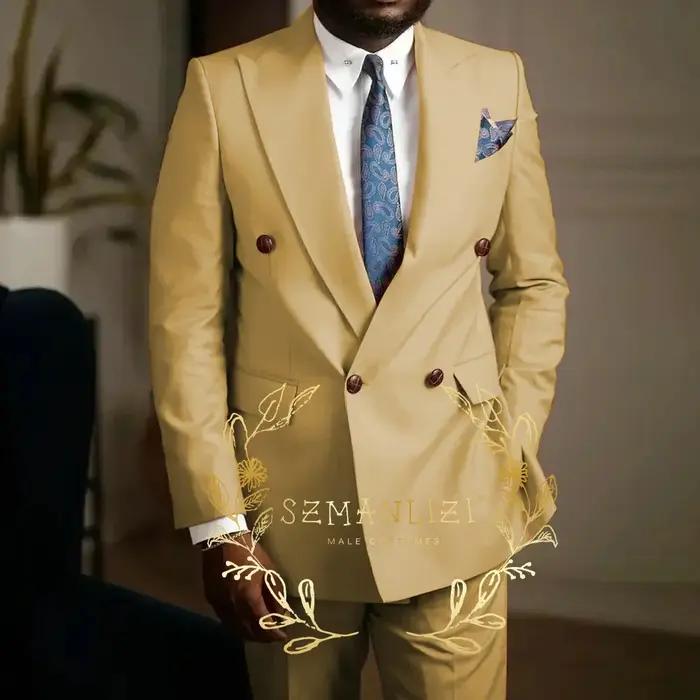 Costumes décontractés roses pour hommes, Blazer à revers à Double boutonnage, Costume de fête de mariage formel à la mode, veste et pantalon 2 pièces