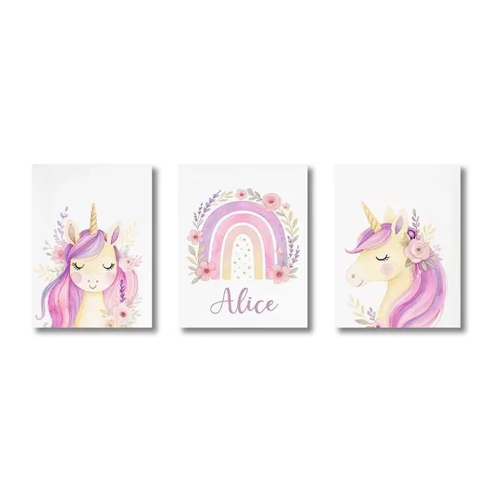 Affiche imprimée licorne violette avec nom personnalisé