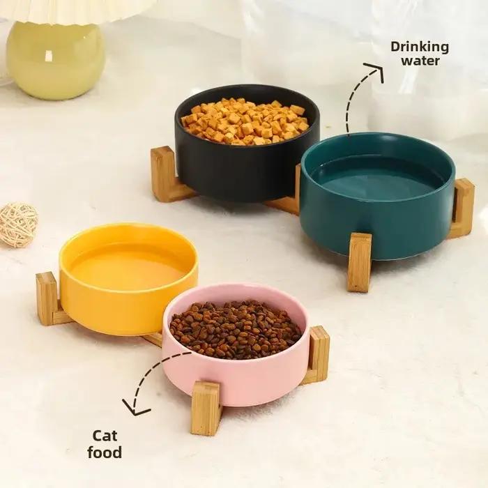 Bol en céramique pour animaux de compagnie avec support en bois