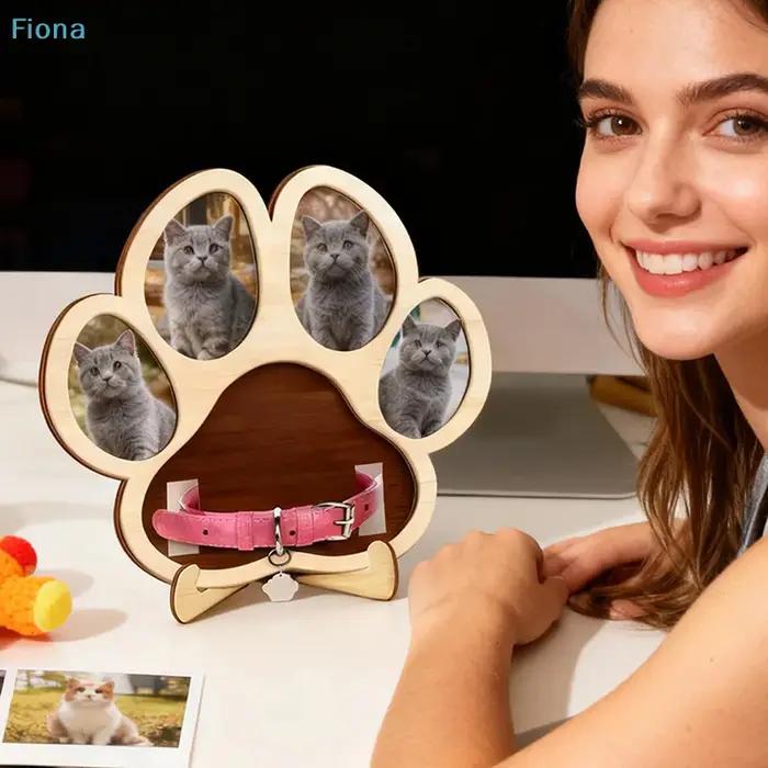 ♤ Cadre photo pour animaux de compagnie en forme de patte - Présentoir multi-photos en bois avec support pour collier pour les amoureux des chats/chiens