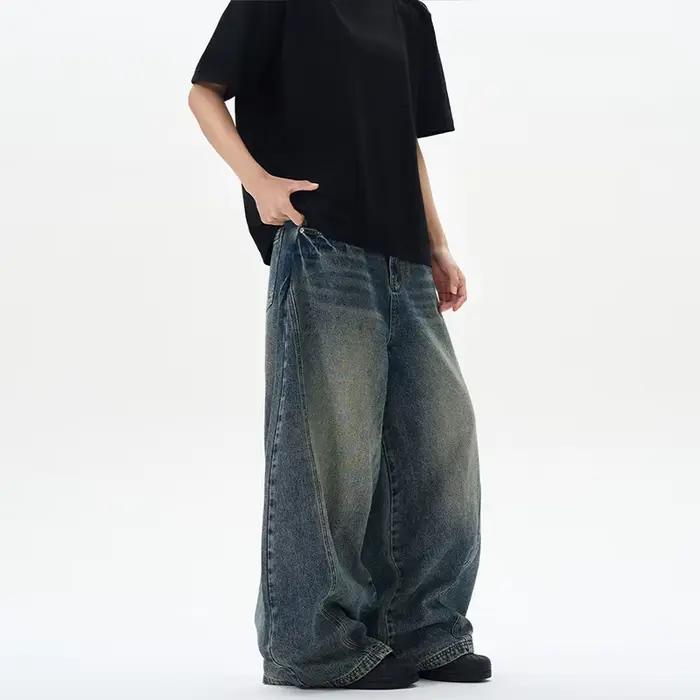 Jean surdimensionné à jambes larges pour homme, pantalon ample, Vintage, Patchwork foudre craquelée,