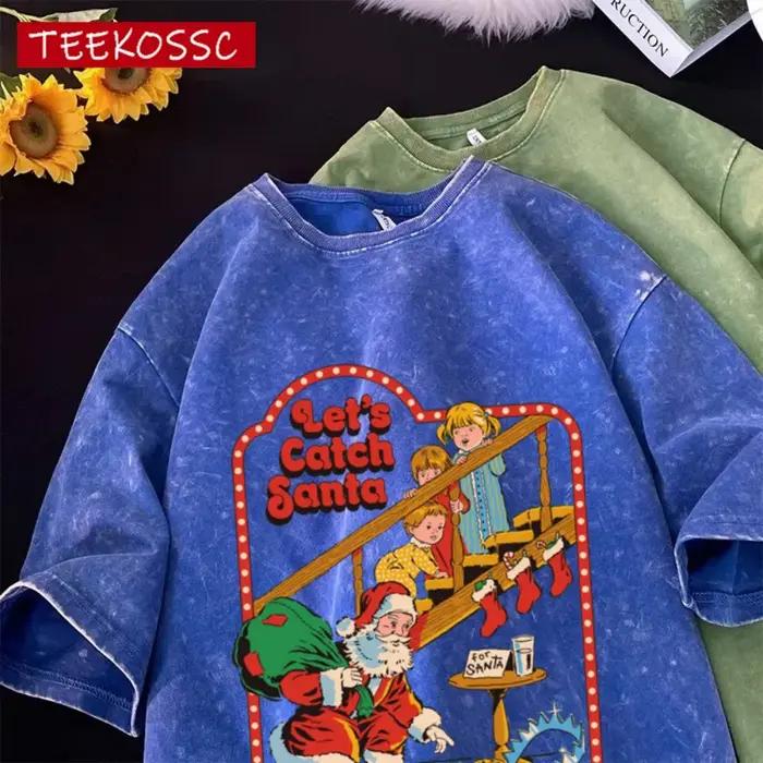 Tshirt homme santa imprimé rétro dessin animé coton bleu ciel confortable occassions décontractées