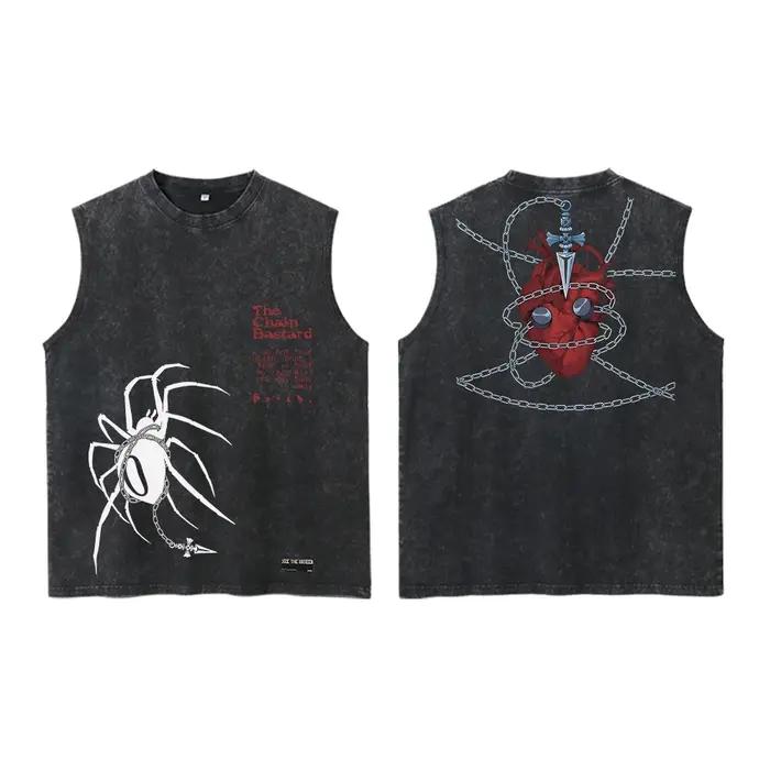 Anime Hunter X Hunter acide gilet rétro Vintage imprimé lavé graphique gilet hommes Harajuku Y2k cot