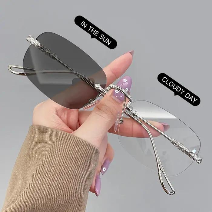 Lunettes photochromiques sans cadre BEAU FIVE or et argent pour femmes, style carré, lunettes de soleil de mode polyvalentes pour les femmes, idéales pour le voyage, social, courses et loisirs