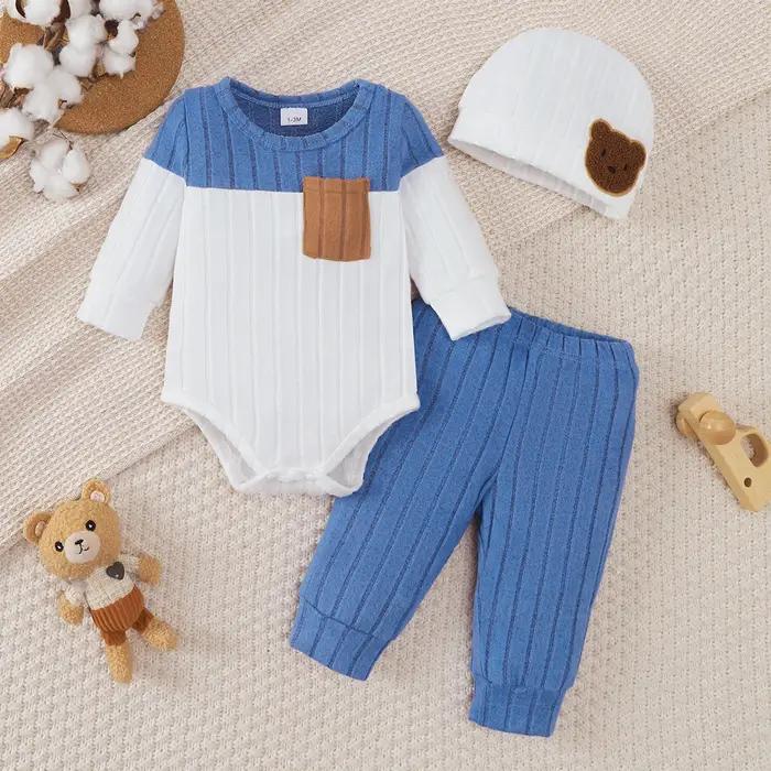 0-18 mois nouveau-né bébé garçon ensemble col rond couleur bloquée body + pantalon + chapeau confortable 3 pièces/ensemb