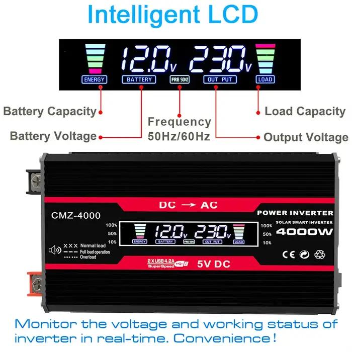 Onduleur à onde sinusoïdale modifié 4000W cc 12V à AC 110V/220V, affichage LCD, convertisseur de pui