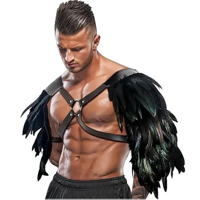 Armure d'épaule gothique en toile avec plumes noires et protecteurs de bras pour cosplay et LARP occasions spéciales