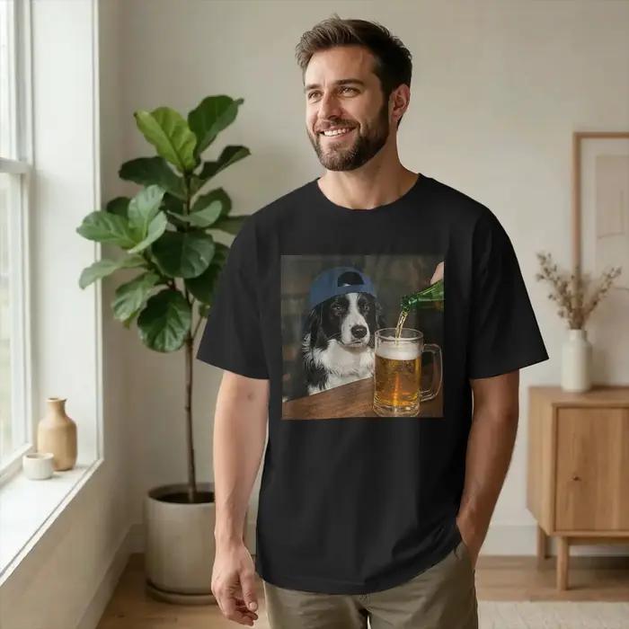 T-shirt homme motif Border Collie buvant de la bière design vintage humour coton drap fin manches courtes col rond impression numérique couleur multiple taille variée occasions quotidiennes