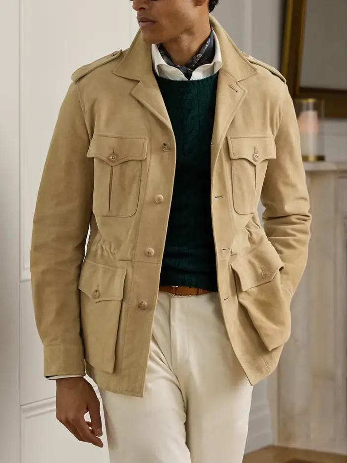 Veste de chasse en daim de haute qualité pour hommes d'affaires polyvalent Senior luxe manteau italien haut à revers